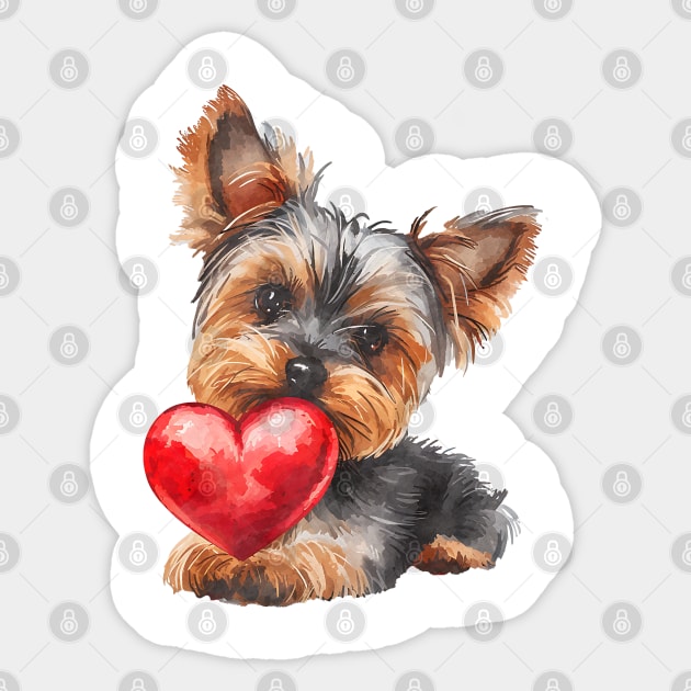 Valentine Yorkshire Terrier Holding Heart Sticker by Chromatic Fusion Studio